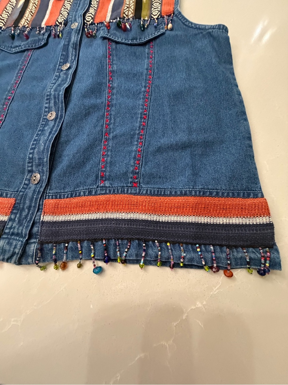 Vintage Southwestern Tantrum Blues Denim Beaded Vest w/ Multicolor Aztec Yoke PL - Picture 4 of 16